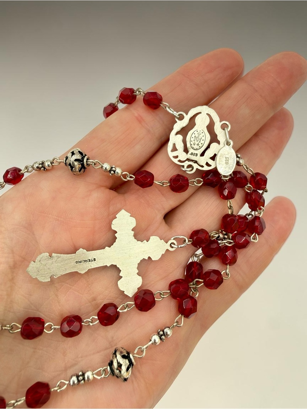 Donna Dressler Sterling Silver Ruby Crystal Rosary Crucifix VTG Tagged 26” w 6”D - Picture 8 of 17